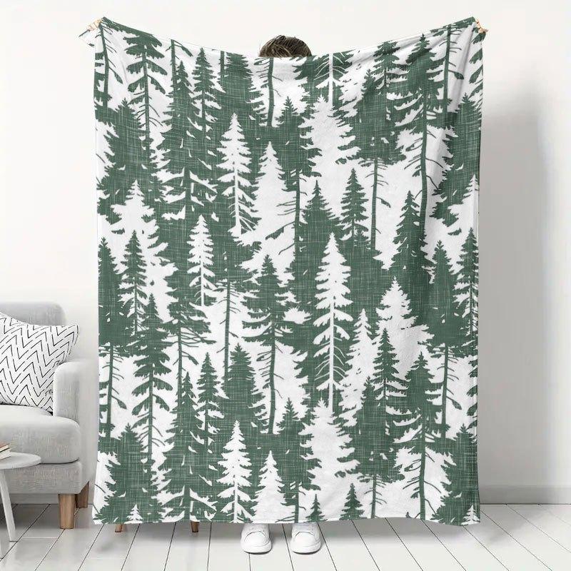 1pc Nordic Style Fir Forest Print Flannel Blanket, Autumn Winter Warm Nap Blanket, Home Sofa Bedroom Throw Blanket, Outdoor Portable Blanket