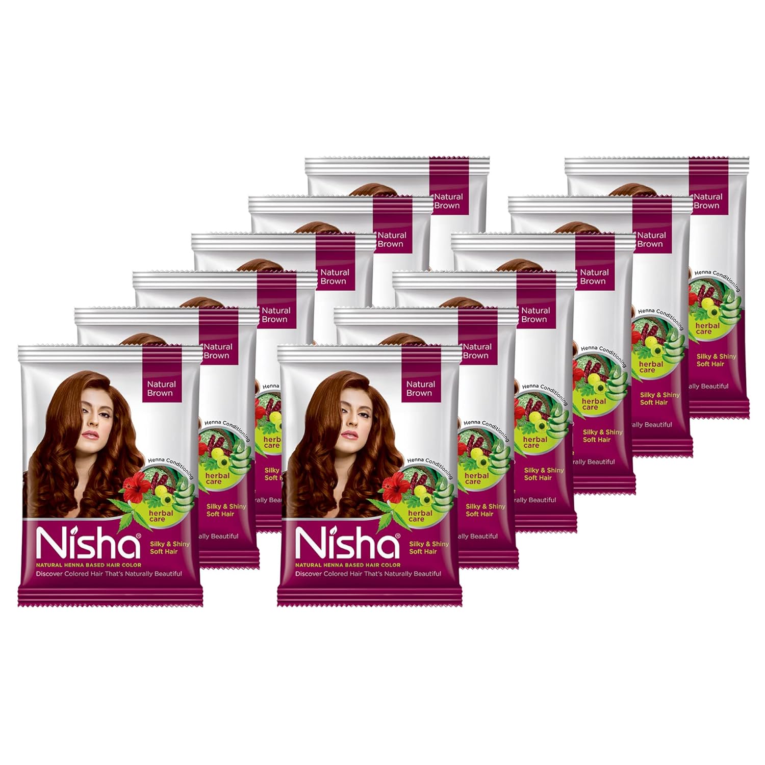 

Nisha Natural Henna Powder Hair Color Natural Brown Shade Herbal Conditioning Dye For Silky Shiny Soft Hair Men Women 25g X Pack Of 12