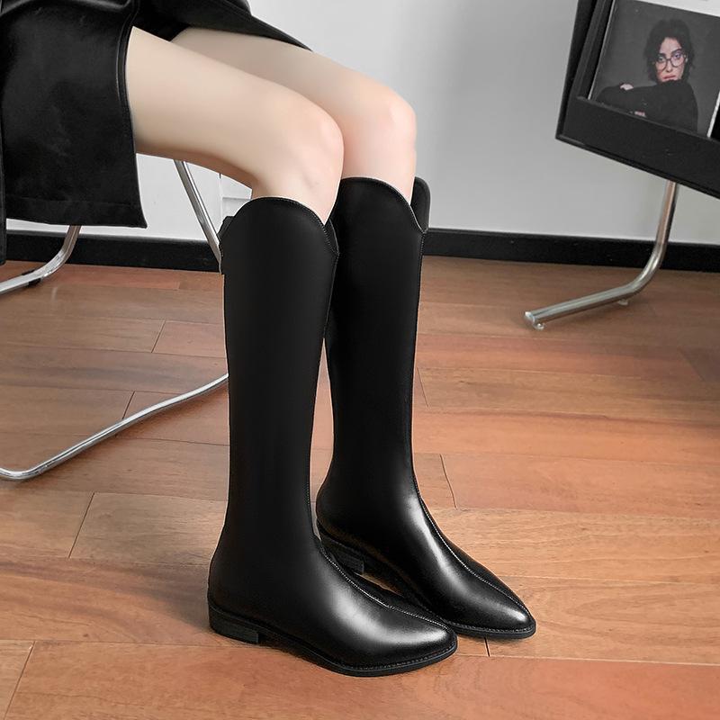 

Осень 2025 новые рыцарские сапоги европейский и американский стиль дышащие толстый каблук высокий голенище средний каблук женские кожаные сапоги сапоги до колена стройнят 34 чёрный