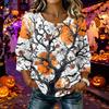 Women's Casual Halloween Print Crew Neck Three Quarter Sleeve Linen Cotton Top Autumn Lightweight Pullover Shirt for Daily Wear