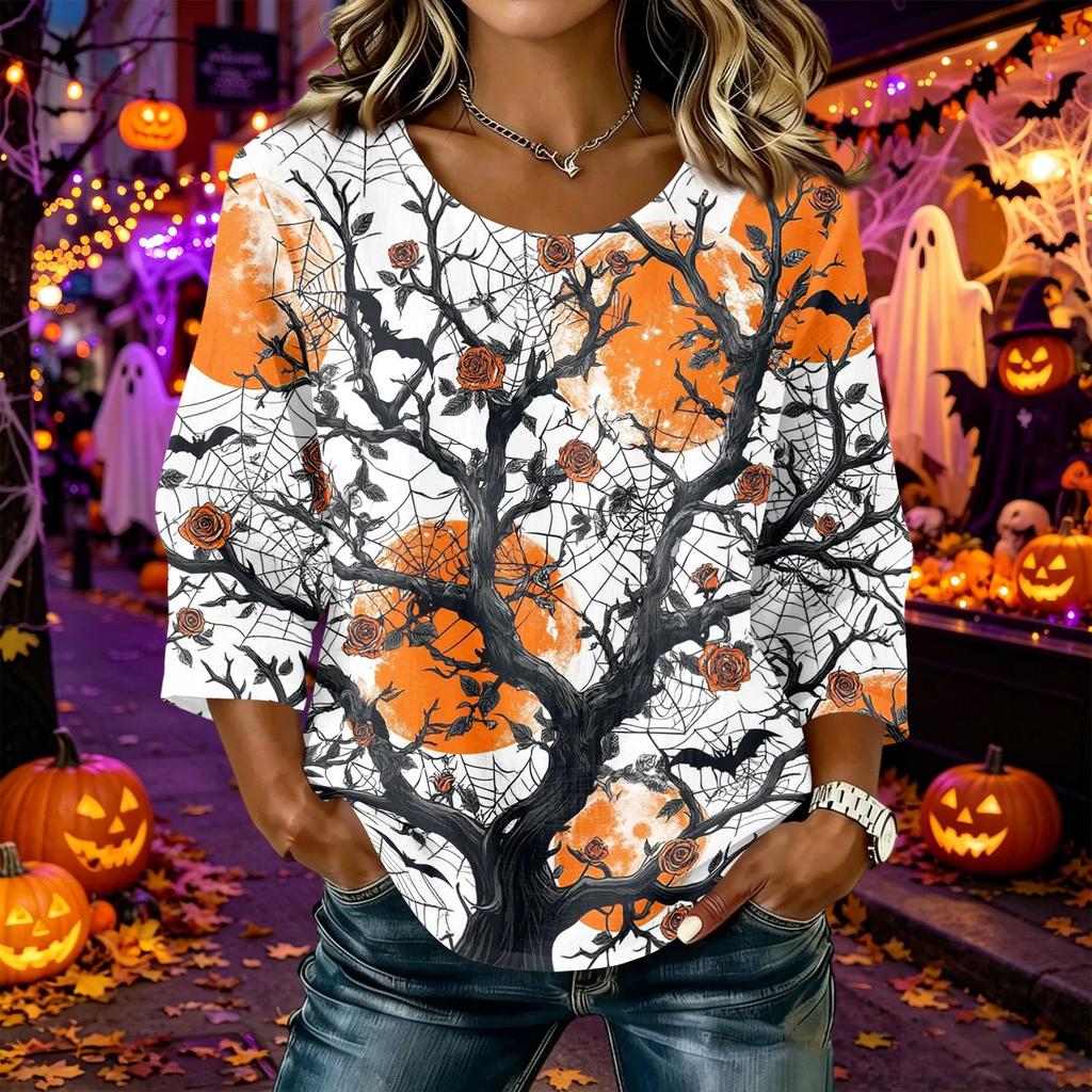 Women's Casual Halloween Print Crew Neck Three Quarter Sleeve Linen Cotton Top Autumn Lightweight Pullover Shirt for Daily Wear