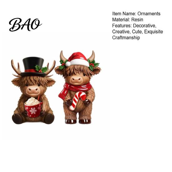 Decorative Highland Cattle Statue 2Pcs Christmas Cow Figurines, Resin Santa Reindeer Cow, with Hat, Seasonal Mantelpiece Ornaments Hot Cocoa,