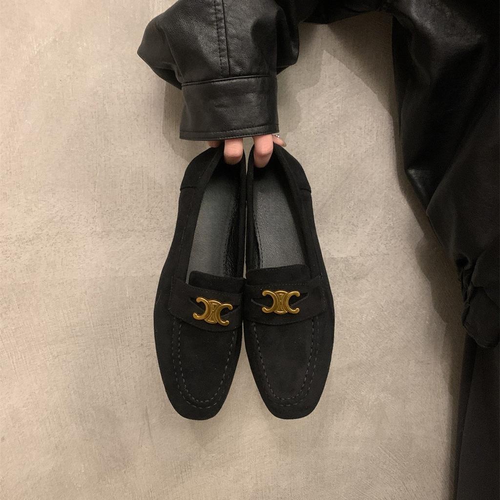 British style round head simple retro suede small leather shoes flat bottom one pedal outside wear versatile commuter shoes