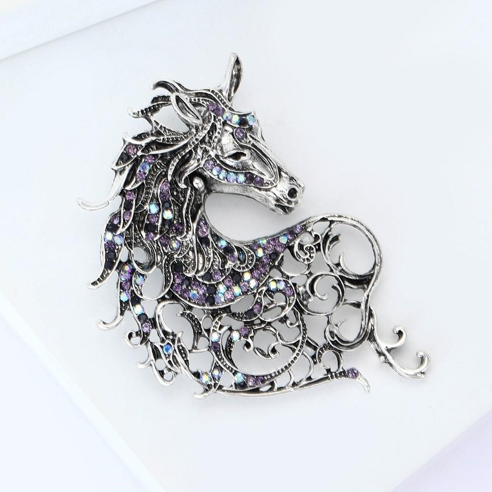 Vintage Zodiac Animal Pins Casual Metal Badge Pin Rhinestone Horse Head Brooches  for Women