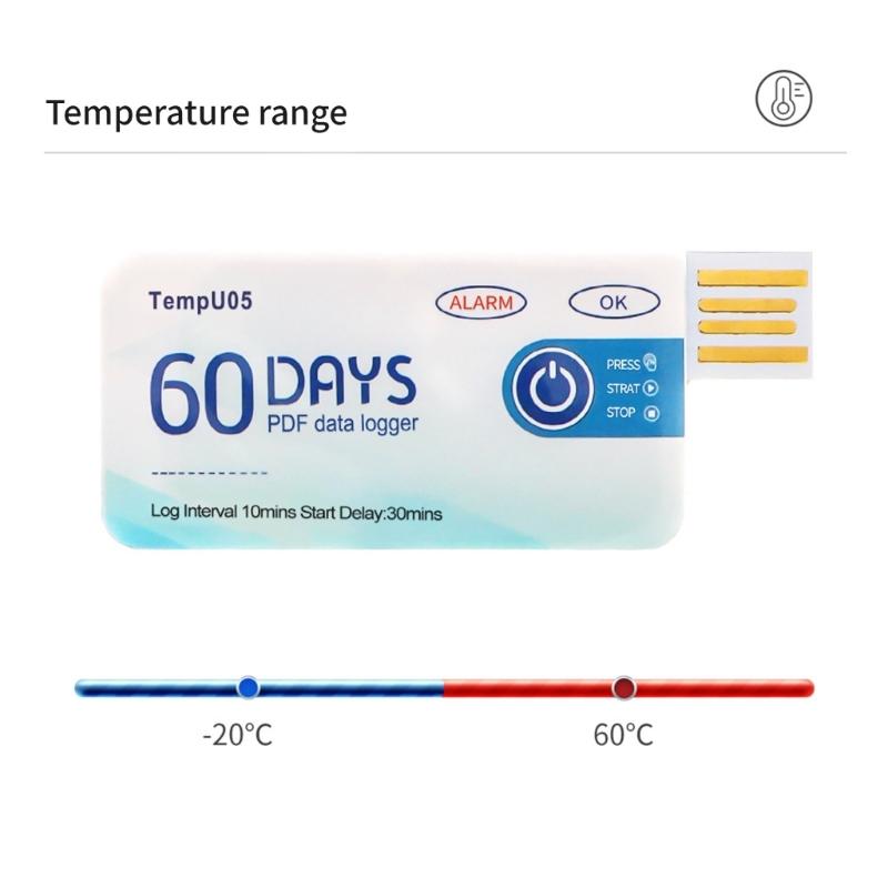 USB Temperature Data Logger 10000 Point Single Use Temperature Recorder with PDF Report Warning Light 60 Days Disposable