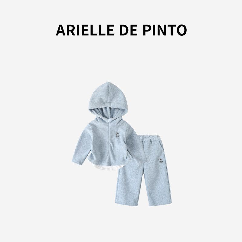 French Arielle De Pinto Girls  Suit Spring Rabbit Embroidered Casual Comfortable Hooded Two-Piece Set Blue 90