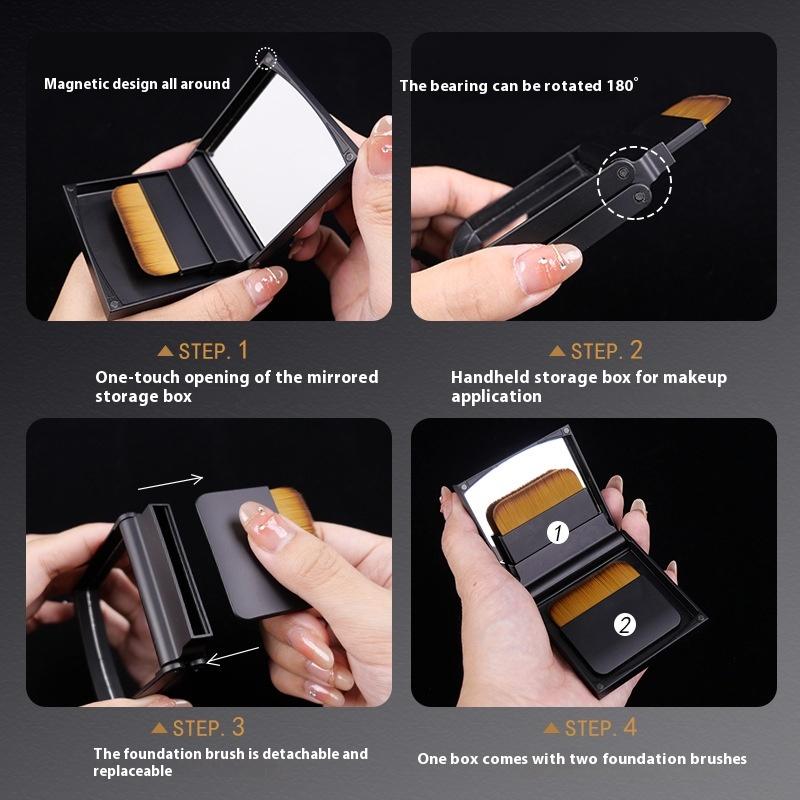 Ultra-Thin Compact Foundation Brush With Mirror Box 2Pcs Flat-Head Makeup Brush No Trace Professional Makeup Artist Beauty Tools