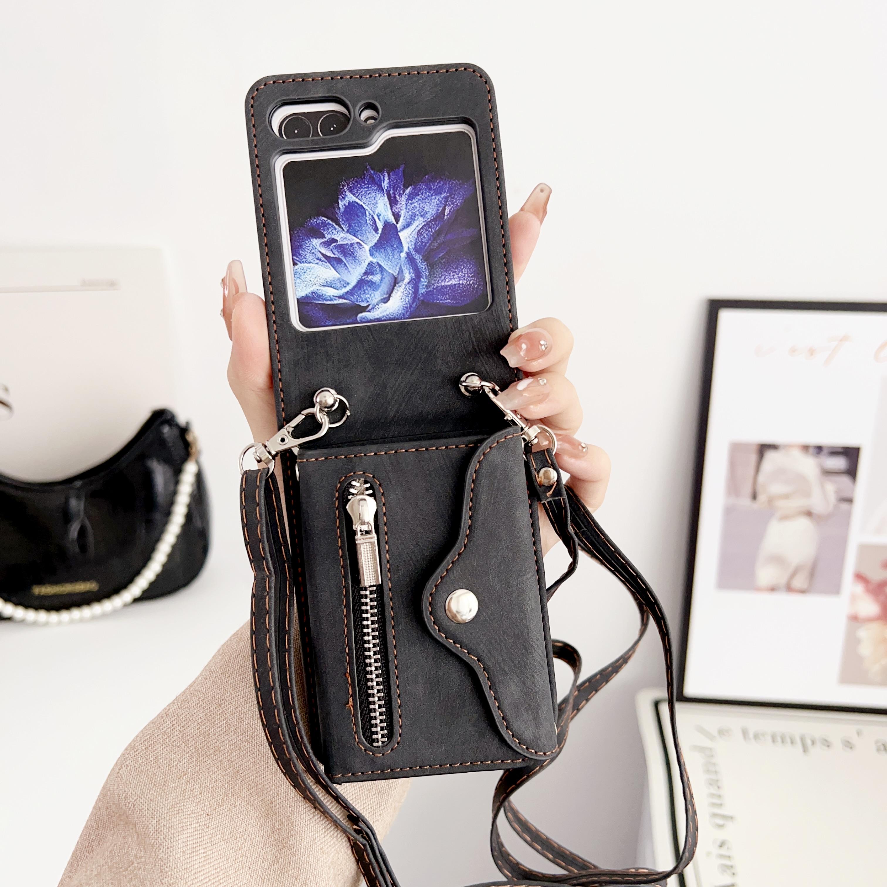 

Кожаный чехол с плечевым ремнем через плечо на молнии для Samsung Galaxy Z Flip3 Flip4 Flip5 5G с несколькими слотами для карт, органный дизайн, чехол-подставка для Samsung Flip 5 Samsung Galaxy Z Flip5 чёрный