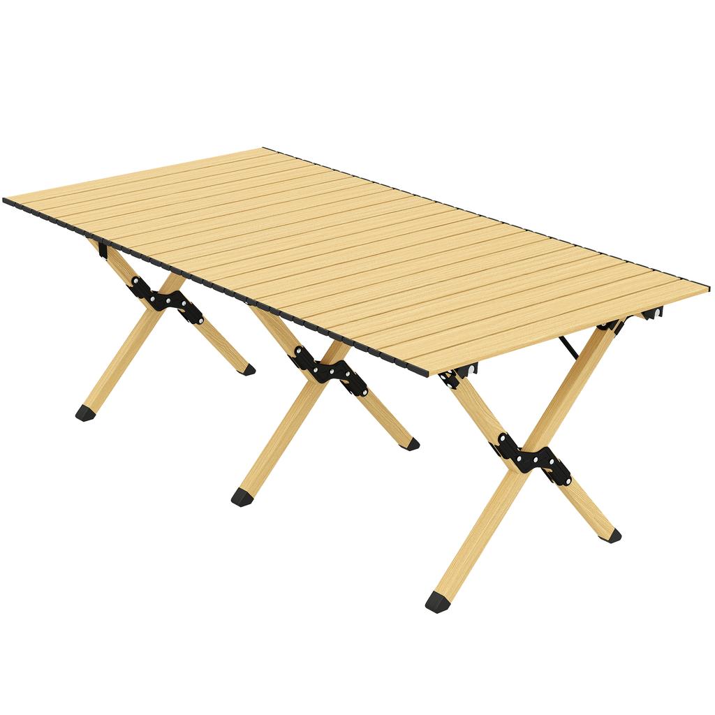 Camping Table 117 X 60 Cm Aluminum Folding Table with Roll-up Tabletop Wood-look Carrying Bag Waterproof