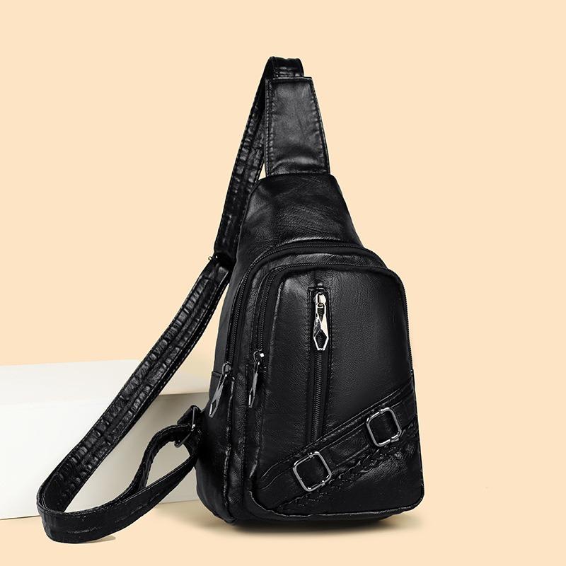 Breast Bag Women's Casual Shoulder Messenger Bag Sports Fashion Washed Soft Leather Chest Bag