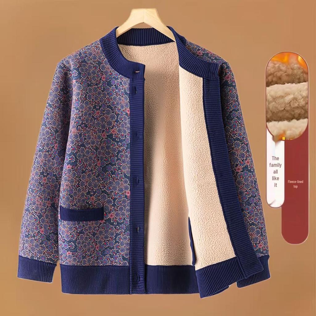 Fleece-Lined Printed Cardigan: Warm Autumn/Winter Style for Middle-Aged & Elderly Women