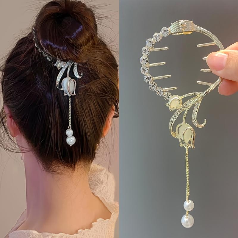 1PC Tulip Rhinestone Fringed Hairpin Women's High-end Temperament Simple Hair Accessories Back of The Head Ponytail Niche Hairpin Headdress