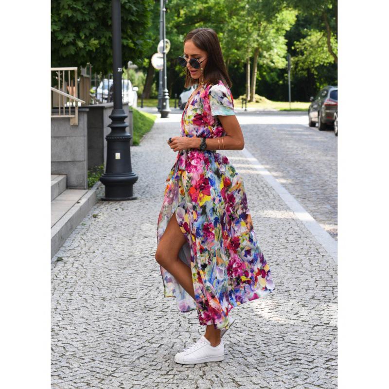 2024 V-neck Tie Waist Slit Hem Short Sleeve Summer Dress