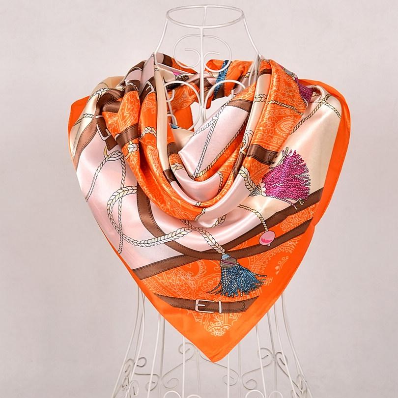 [BYSIFA] New Blue Pure Silk Satin Scarf Shawl Women Brand Floral Design Large Square Scarves Elegant Muslim Ladies Head Scarf
