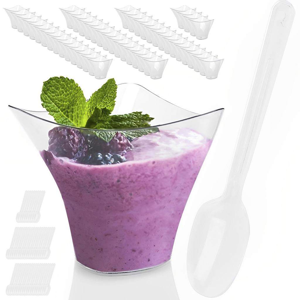 50 Pcs Dessert Cups with 50 Spoons Clear 3.38oz/100ml Mini Reusable Dessert Pots Clear Plastic Parfait Appetizer Cup Mousse