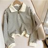 Womens Oversized Polo Collar Striped Zip-Up Sweatshirt Long Sleeve Casual Top Fall