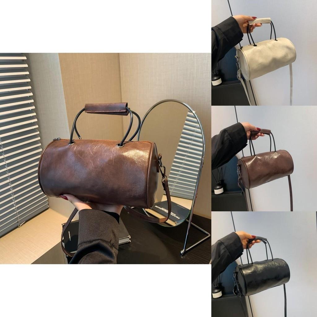 Stylish Fashionable 2024 Womens Solid Color Pu Leather Handbag Trendy Street Style Cylinder Bag