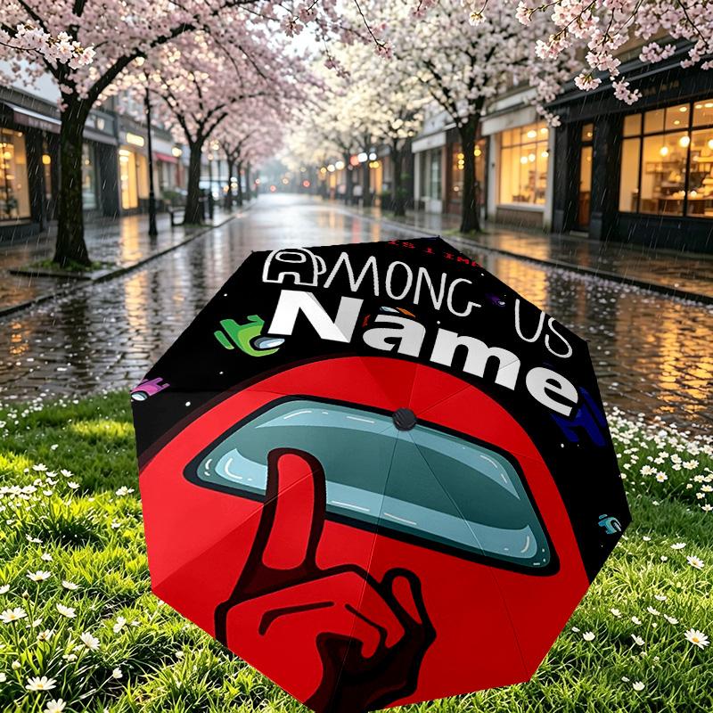 Custom Name Personalized Among Us Print Umbrella, Auto Open Close, 8‑Rib Sturdy Frame, Commute Camping Hiking Use, Birthday Gift