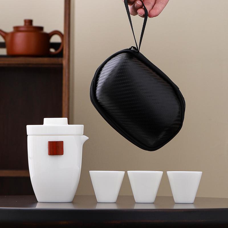 Portable travel teacup tea set small set outdoor one pot three cups ceramic express cup bubble teapot printing Dragon Boat Festival