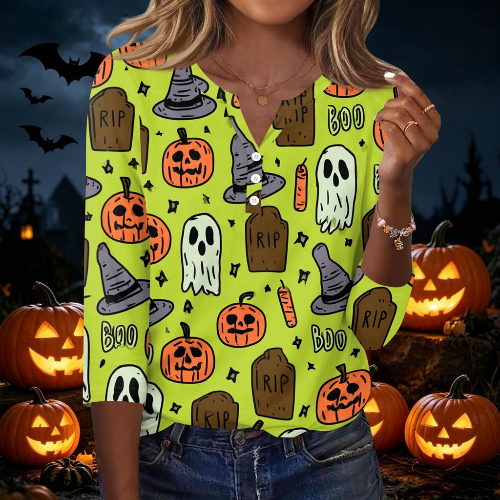 Women's Casual V Neck Button Front Halloween Print T Shirt Three Quarter Sleeve Top Lightweight Soft Fabric Comfortable Fit