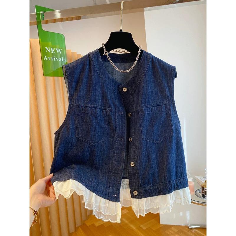 South Korea 1116 summer new hem fungus edge mesh stitching vest sleeveless jacket denim vest women