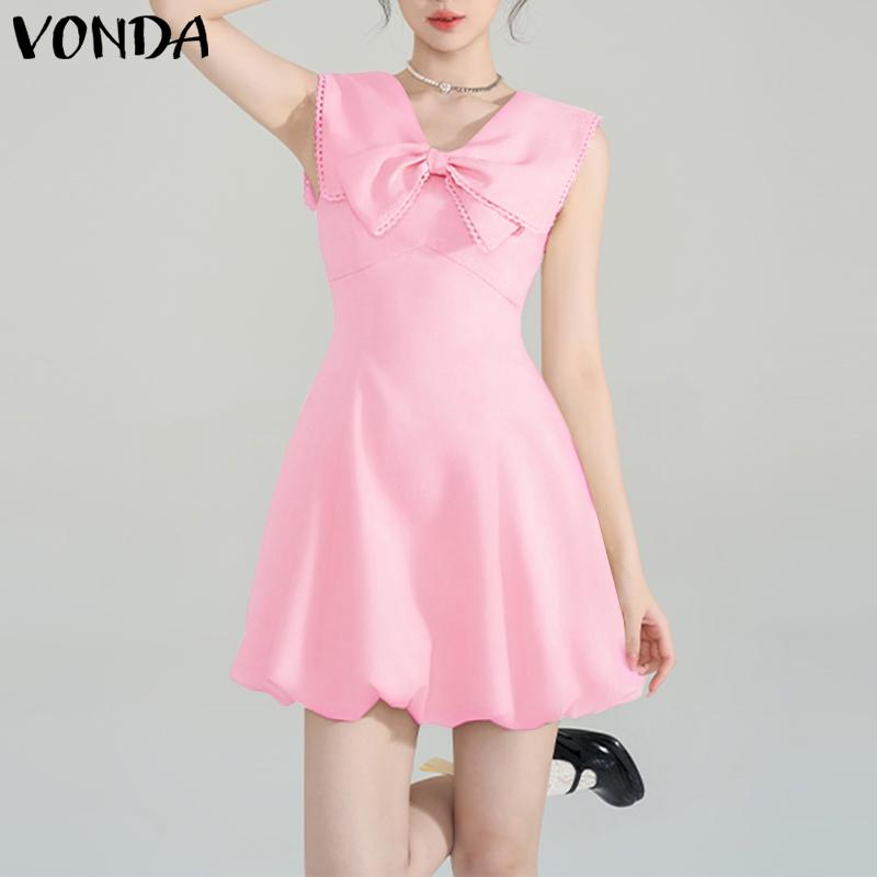 VONDA Women Sleeveless Dress Casual V Neck Bow Knot Crochet Hem Ruffled Mini Dresses