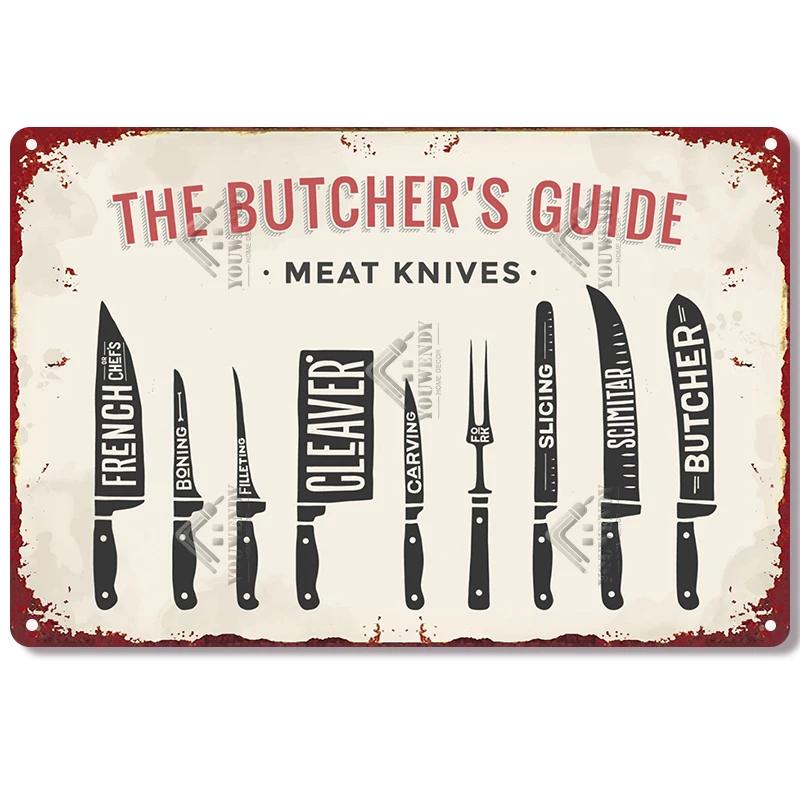 The Butcher's Guide Vintage Metal Signs, Kitchen Poster Cuts of Beef, Pork, Duck, Fish, Shop Wall Decor, Tin Sign, 20x30cm