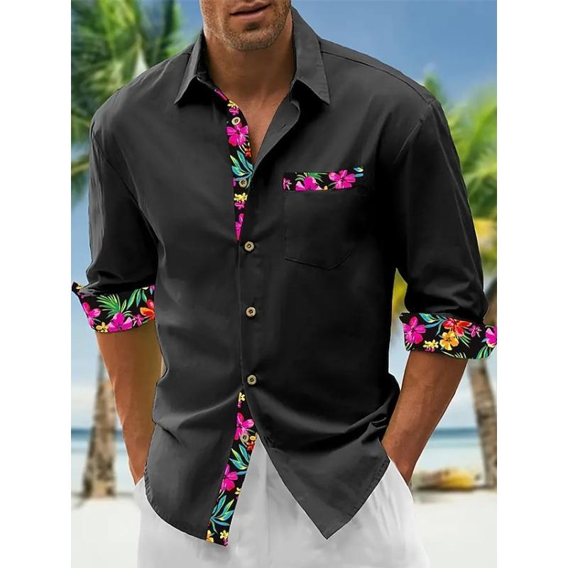 Men Solid Black Shirt Tropical Floral Splicing Long Sleeve Lapel Button Down Beach Shirt Chest Pocket