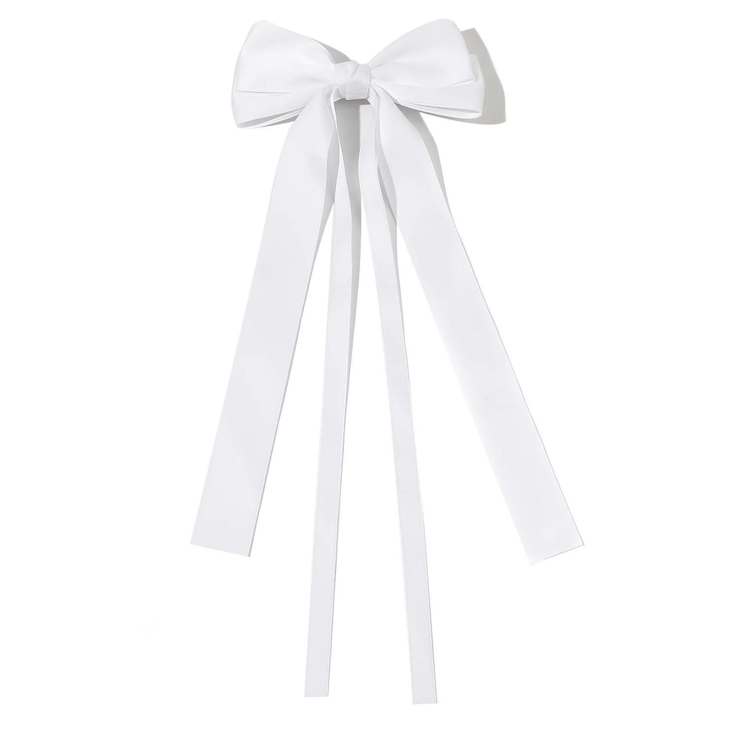 Solide Lint Dubbele Strik Haarklemmen voor Dames Meisjes Trendy Grote Strik Lange Kwast Zilveren Speldjes Accessoires wit