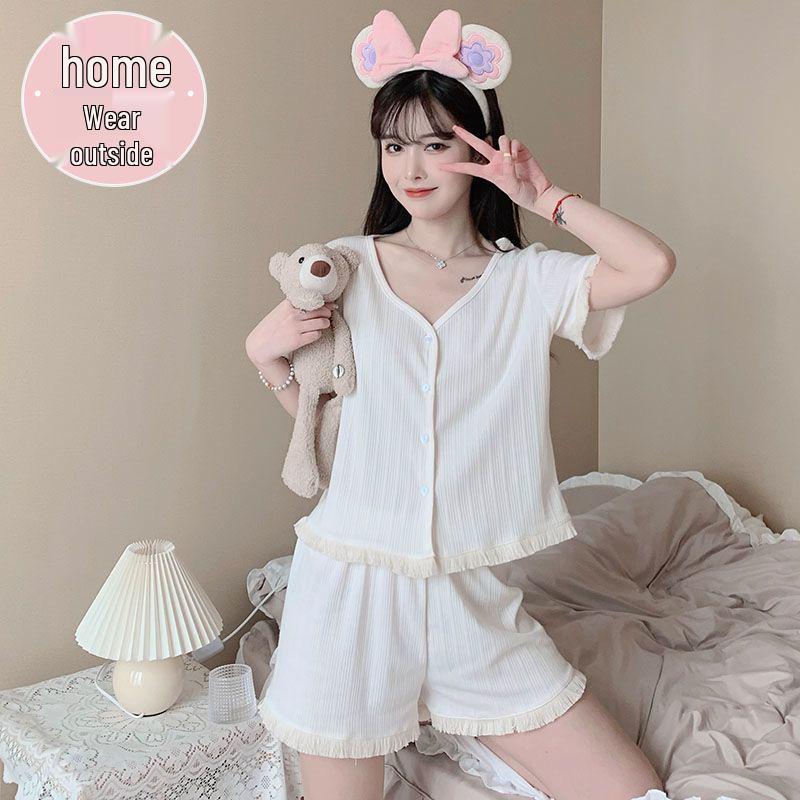 

Women s Summer Pajama Set - Wearable Cardigan, Short Sleeve, Casual Princess Style, Solid Color Cotton, Home Wear 2XL [For 130-150 lbs]