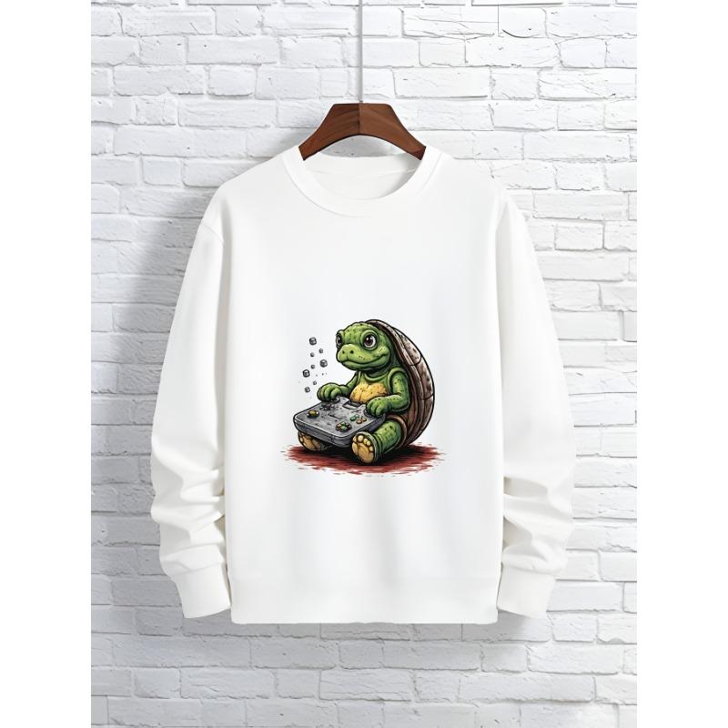 Men's Round Neck Sweatshirt With Cartoon Turtle Playing Game Print For Casual Daily Wear.