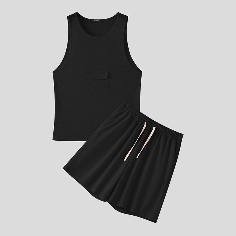 

INCERUN Summer Two Pieces Men O Neck Fluffy Sleeveless Tanks and Shorts Sport Clothing Sets 2XL чёрный