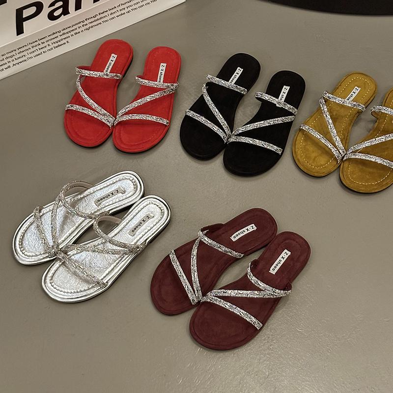 2024 Summer Crystal Narrow Strap Gladiator Sandals Women's Low Heel Sandals Mujer35-40 Glitter Rhinestone Summer Schoenen Women