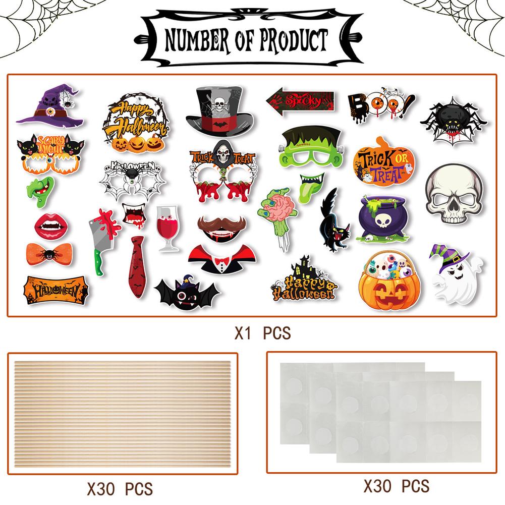 30PCS Halloween Photo Booth Props Kit Scary Party Decor Supplies Pumpkin Skull Glasses Photobooth Accessories For Halloween