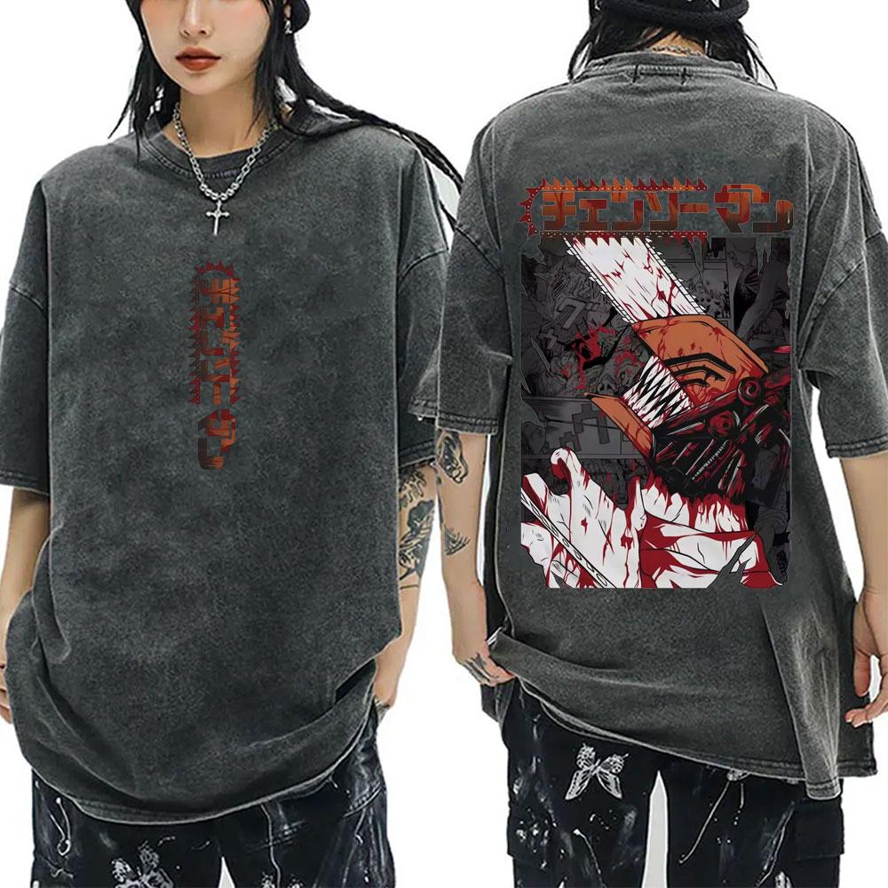 Anime Chainsaw Man Pochita and Denji Washed Vintage Tshirt Cartoon Manga Graphic T Shirt Men Casual Cotton Oversized Tshirts
