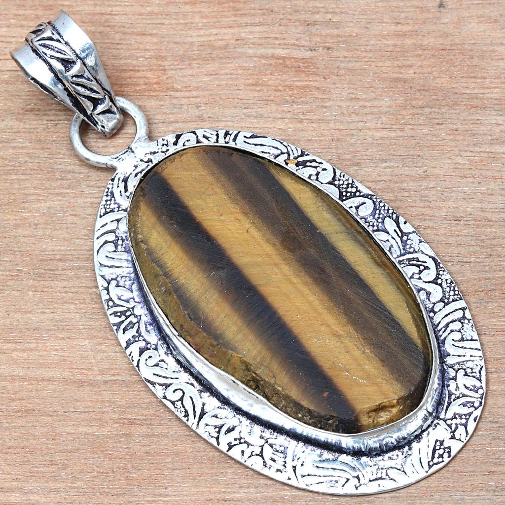 Pendant Tiger's Eye Gemstone Handmade Gift For Her Silver Jewelry 2.25"