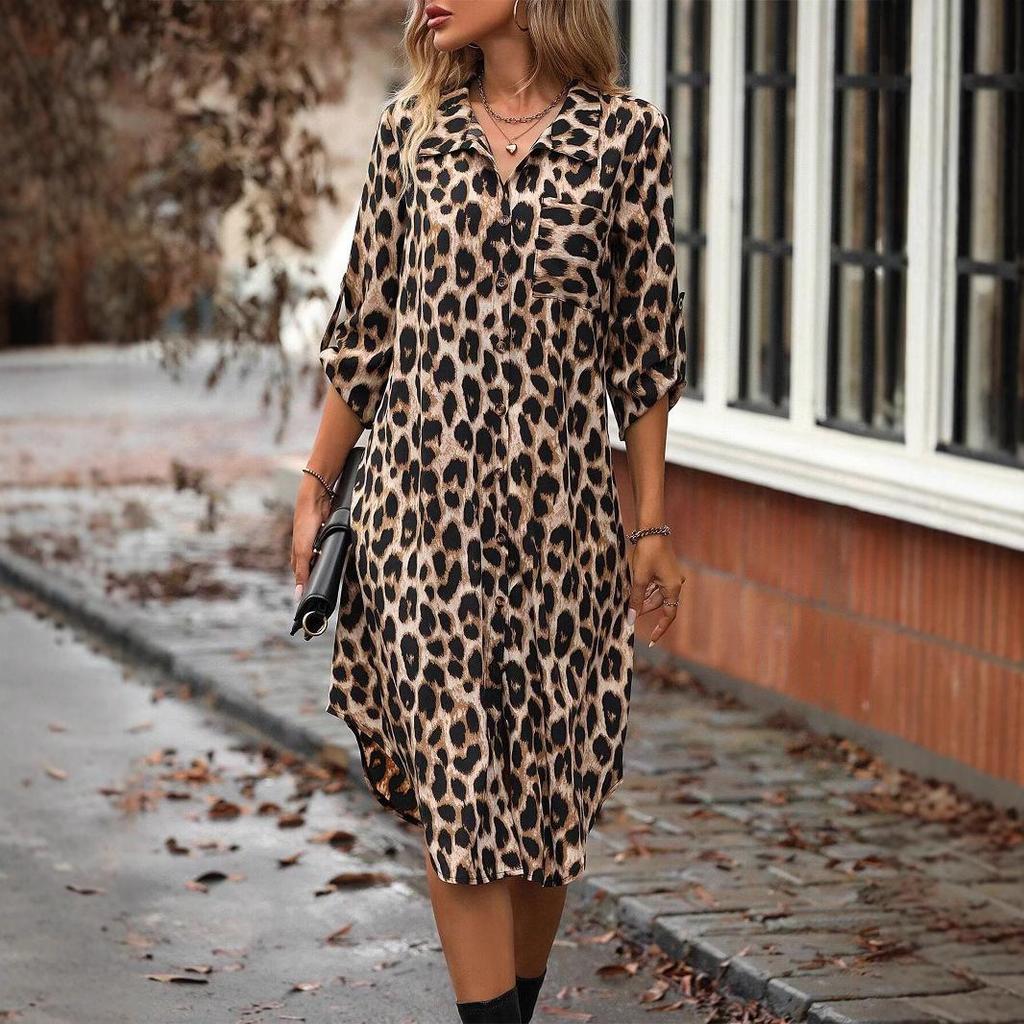 For Spring Fall Women's Elegant Leopard Print Shirt Dress with Button Front and Roll Up Sleeve
