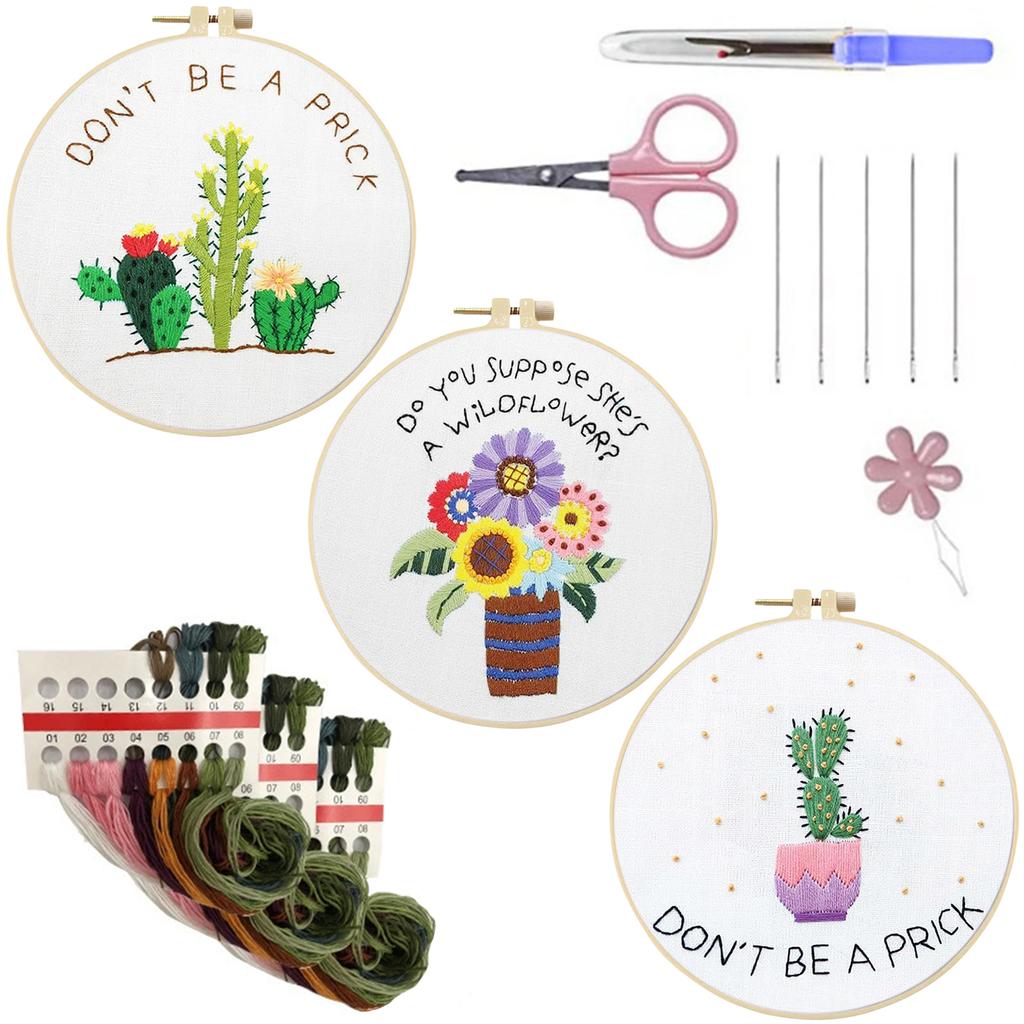 3er Pack Blumenpflanze DIY Stickset mit Stickrahmen Stickstiche Übungsset 30x30cm für Anfänger und Erwachsene