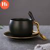 Hi Ceramic Light Luxury Simple Matte Black Gold Champagne Coffee Cup with Saucer Spoon Set Unique Travel Couple Teacup Milk Mug