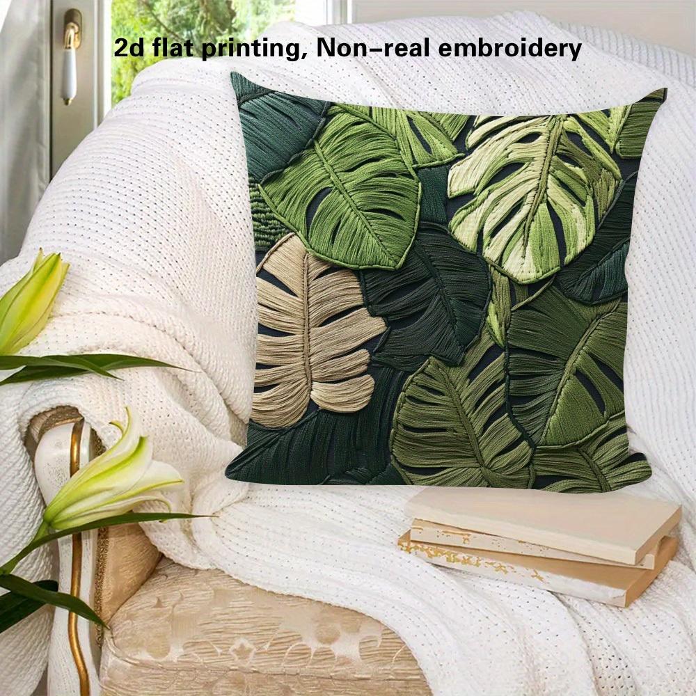 Tropical Monstera Leaf Pillow Cover 2D Embroidered Print Boho Botanical Cushion Case For Sofa Bed Couch Cozy Jungle Home Decor
