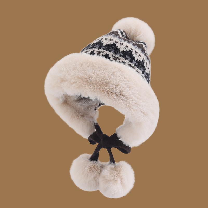 New Winter Knitted Plush Ear Protection Hat Thickened Plush Warmth Lei Feng Hat National Style Cold Proof Hair Ball Big Head Circumference