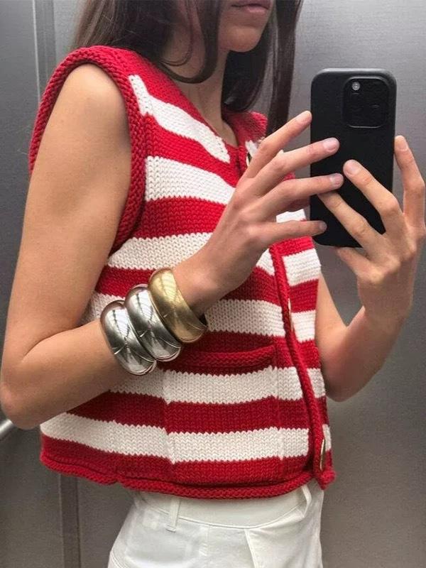 Wiosenno-jesienna codzienna damska kamizelka swetrowa w paski bez rękawów, dziergana kamizelka top dla kobiet