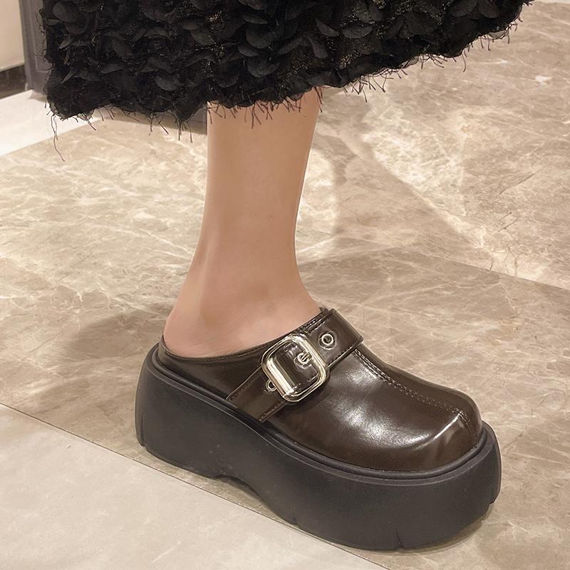 Fashion Baotou Slope Slippers Spring New Round Head Deep Mouth Rivets Metal Buckle Waterproof Platform Non-slip High Heels