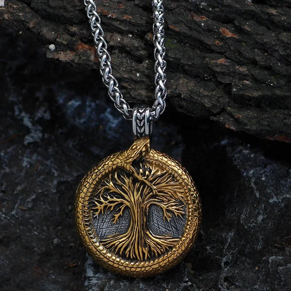 Nordic Tree of Life Pendant Necklace Stainless Steel Vintage Yggdrasil Ourobles Necklace Men Scandinavian Jewelry