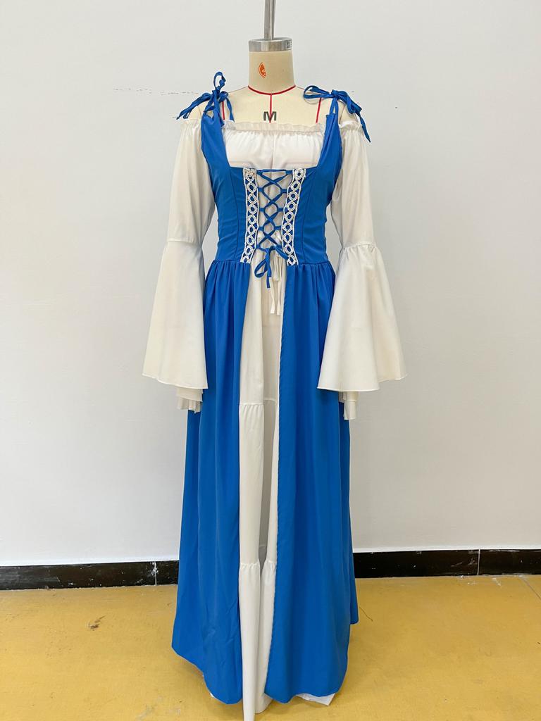 Damen Mittelalter Renaissance Kleid Schulterfrei Glockenärmel Schnürkorsett Vintage Halloween Cosplay Langes Maxikleid