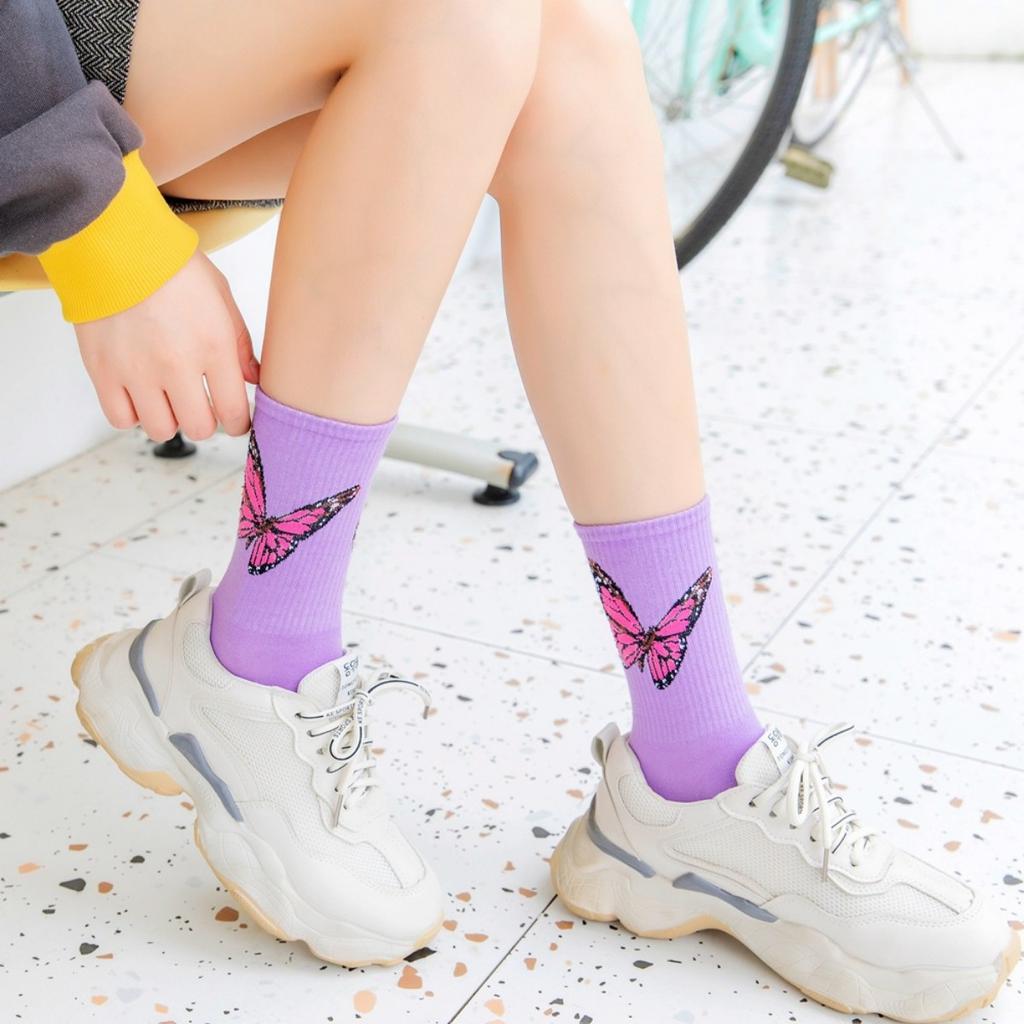Ladies' Butterfly Printed Socks - Soft, Comfortable, and Trendy Candy Colors  Fashionable Street and Sports Socks, Suitable for All Seasons