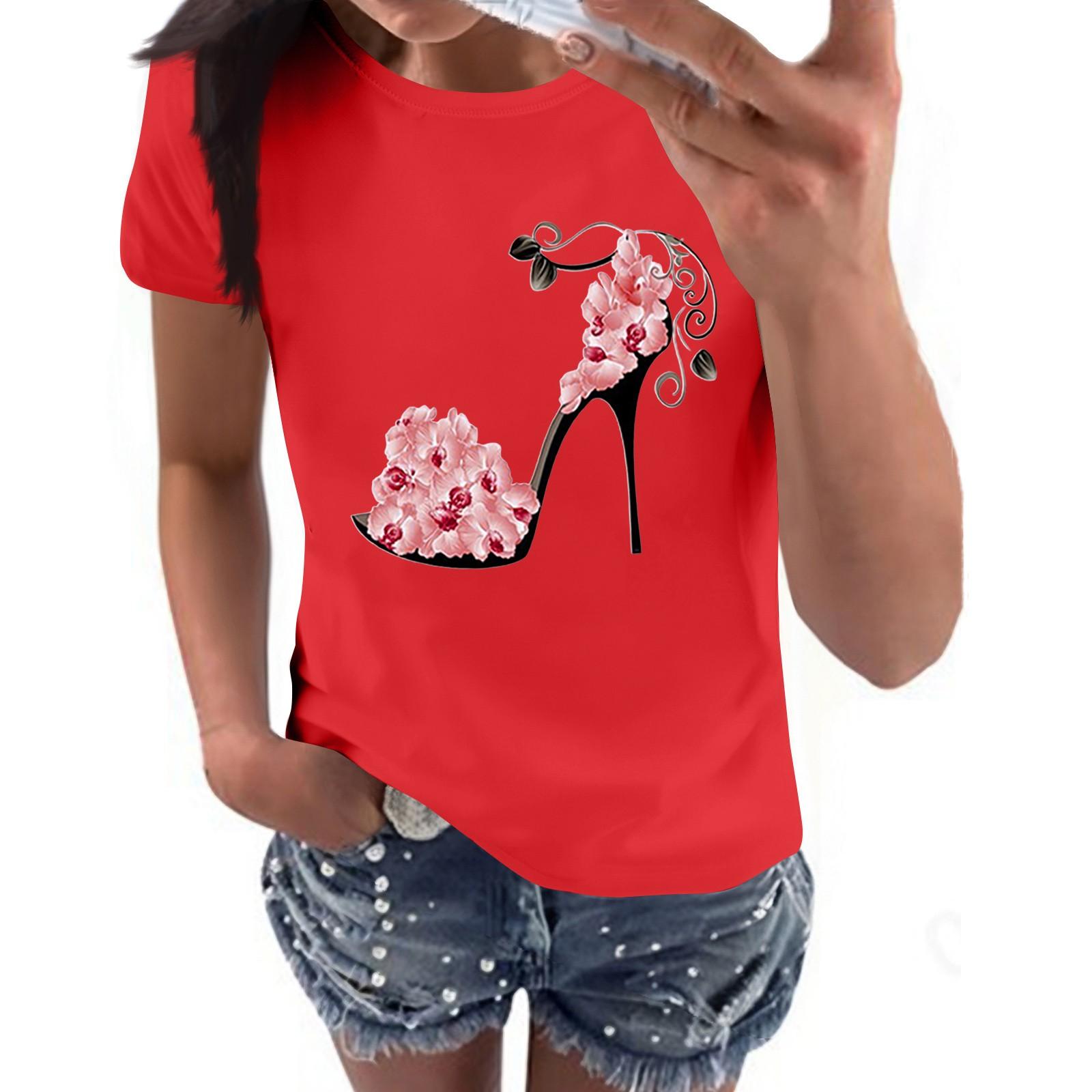 

Women s Casual High Heels Floral Print Casual Short-sleeved T-shirt Pullover Round Neck Short-sleeved Top L червоний