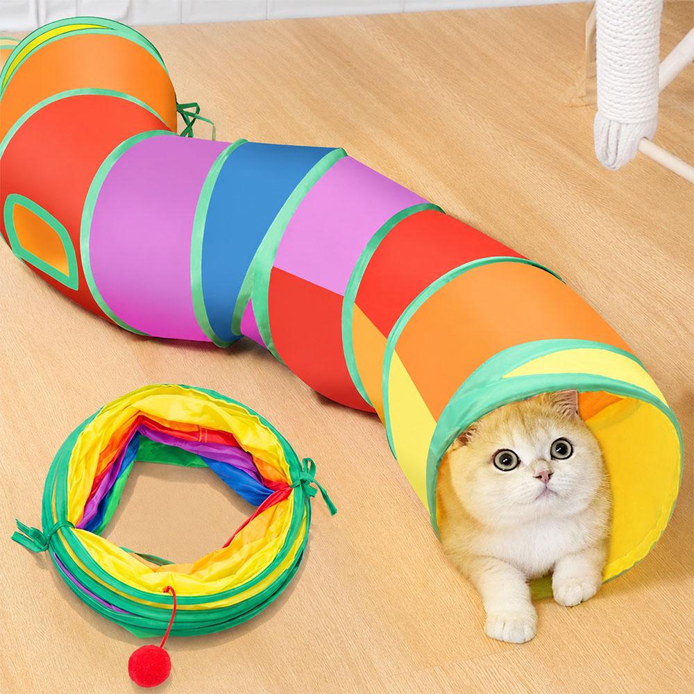 Rainbow Cat Tunnel Toy Folding Pet Play Tubes with Crinkle Paper & Bell Ball for Indoor Cats Rabbits Small Animals S I Y Shape