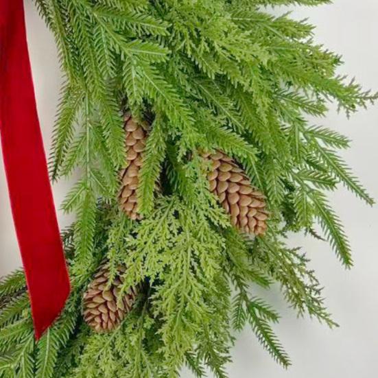 Yousheng 16 Inch Real Touch Norfolk Pine Christmas Wreath for Front Door Faux Cedar Greenery Wreath with Pine Cones And Bows for Wall Window Farmhouse