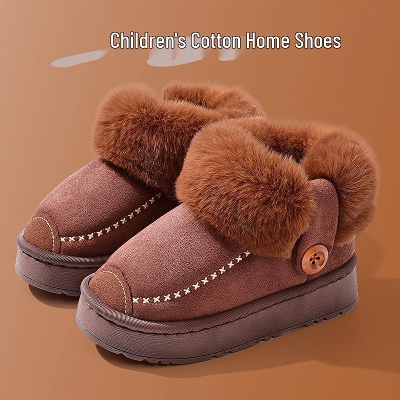 Kids' Waterproof Leather-Top Cotton Slippers, Non-slip with Velvet Lining for Families, Winter Warmth